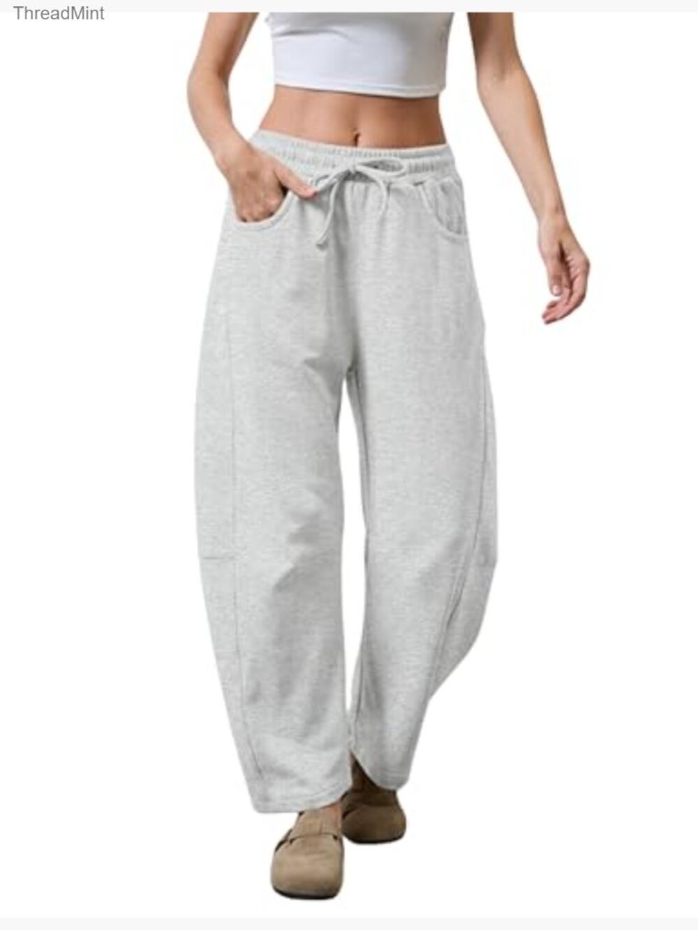 Women's Barrel Leg Sweatpants Elastic Waist Wide Leg Cotton Pockets - Picture 2 of 6